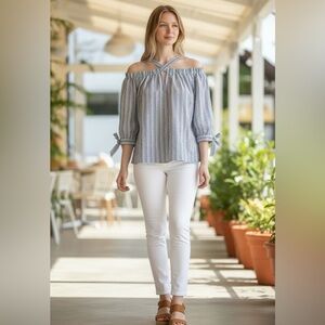 Rebecca Taylor Striped Cold Shoulder Halter Blouse Blue White Size 4 EUC